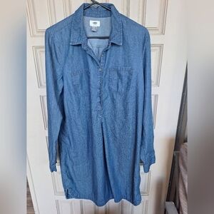 Old Navy Chambray Dress SzL Long Sleeves Collar/Cuffs Blue 1/2Button Front